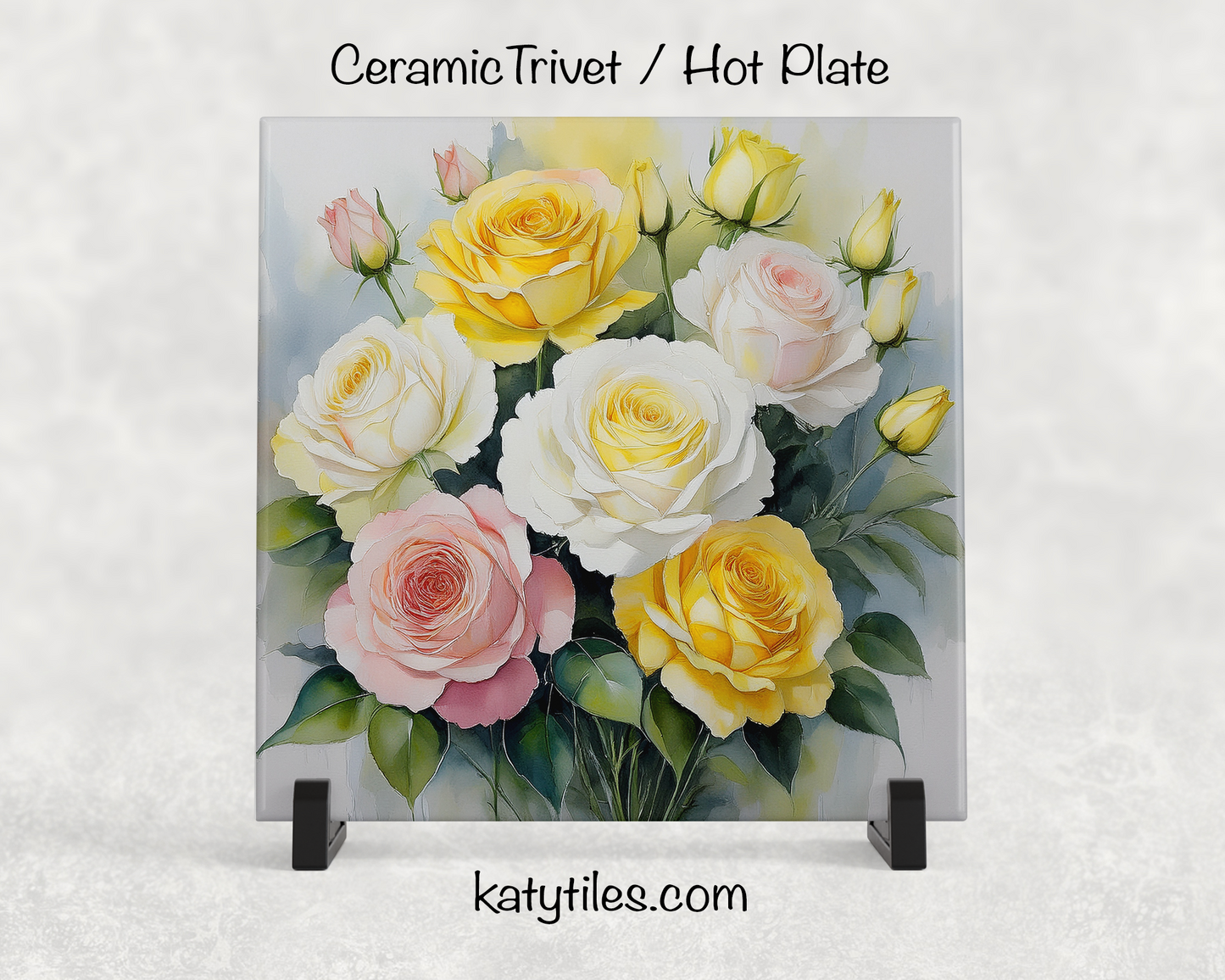 22 Designs! Roses - Yellow, Pink, White & Red - Ceramic Tile Trivet/Coaster – 6x6 Handmade Floral Kitchen Decor, Elegant Botanical Gift