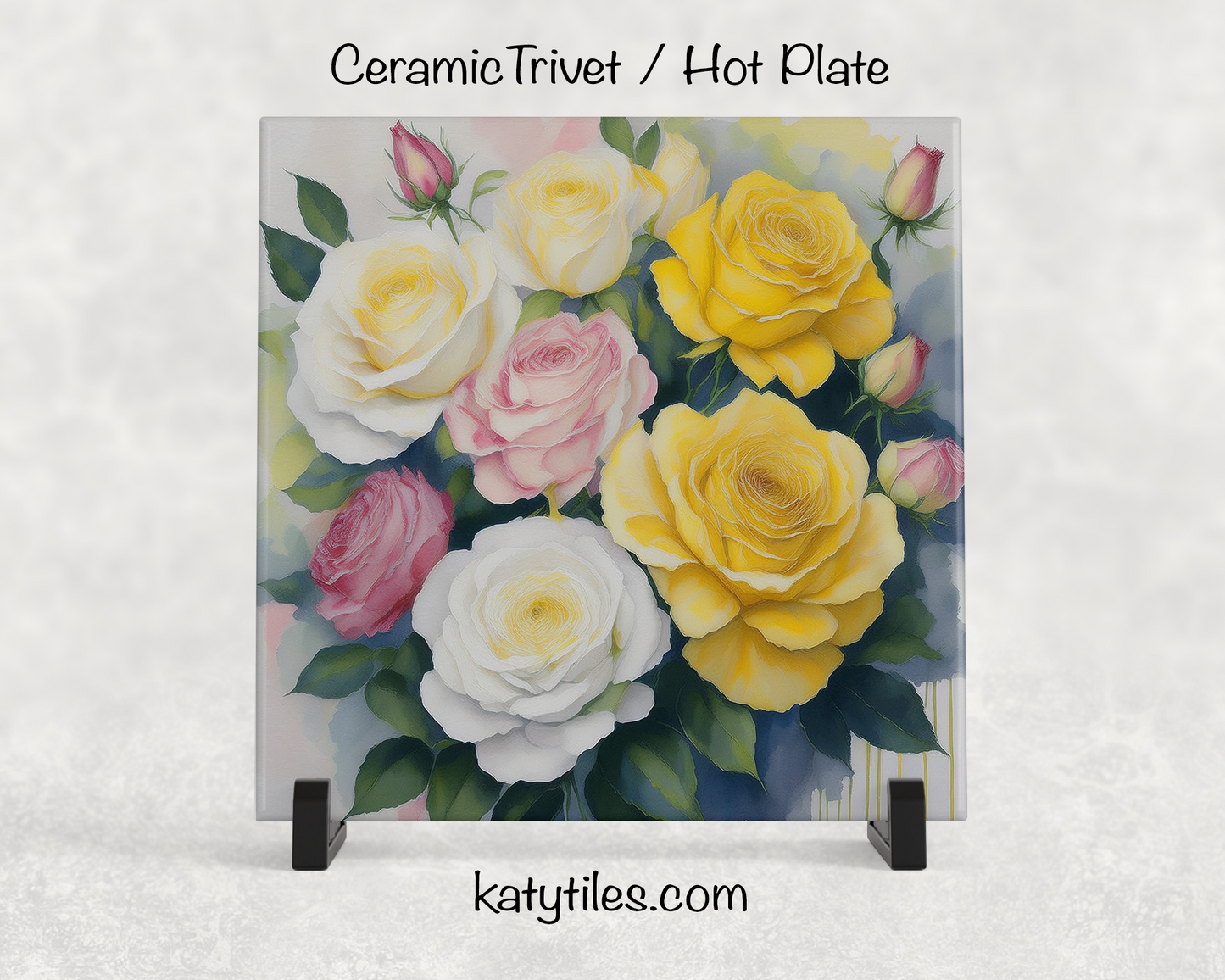 22 Designs! Roses - Yellow, Pink, White & Red - Ceramic Tile Trivet/Coaster – 6x6 Handmade Floral Kitchen Decor, Elegant Botanical Gift