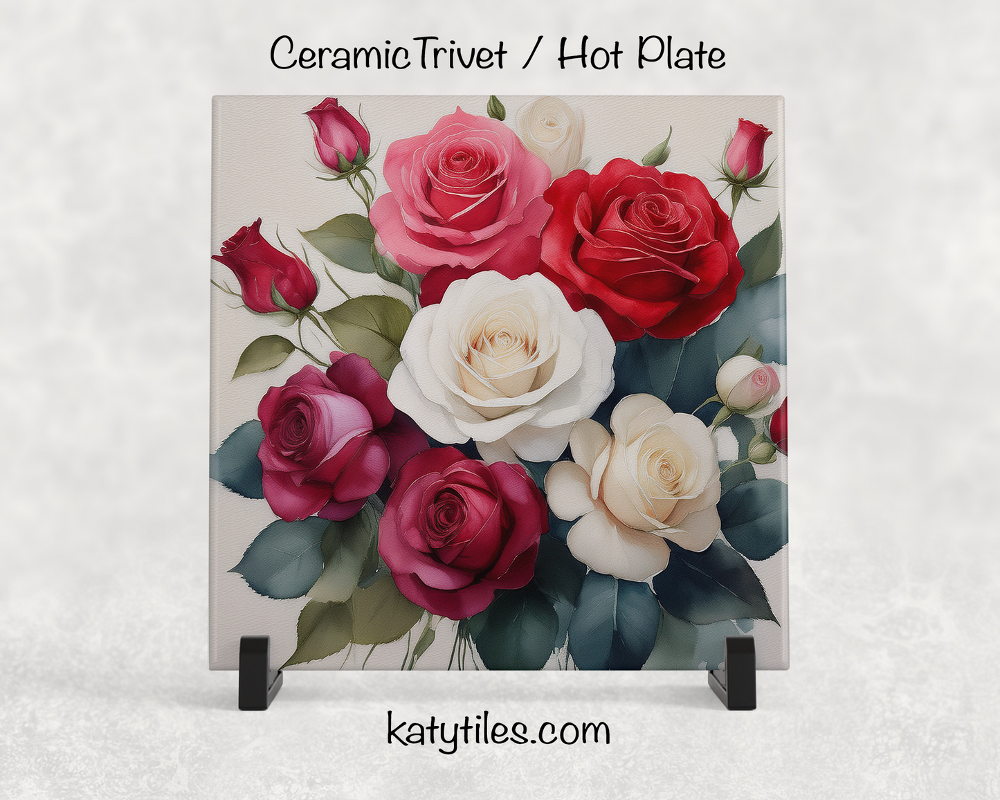 22 Designs! Roses - Yellow, Pink, White & Red - Ceramic Tile Trivet/Coaster – 6x6 Handmade Floral Kitchen Decor, Elegant Botanical Gift