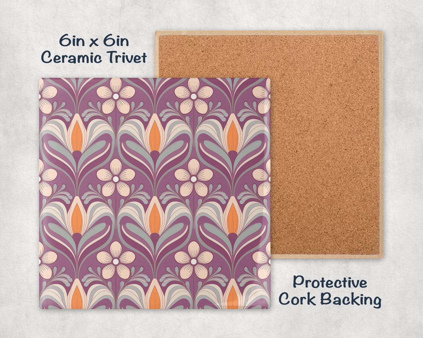 Retro Vintage Purple Floral Pattern Tile Trivet for Hot Dishes. Hot Plate Coaster Tile Art. Purple. Flower Design.