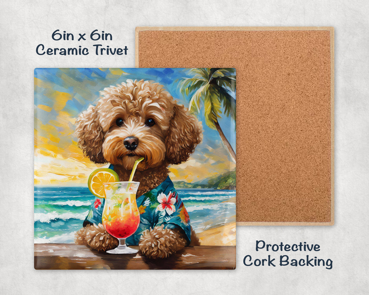 Beach Theme Goldendoodle Trivet for Hot Dishes. Ceramic Tile Art Gift for Dog Lovers. Gift for Doodle Mom or Dad. Dog Artwork Tropical Theme