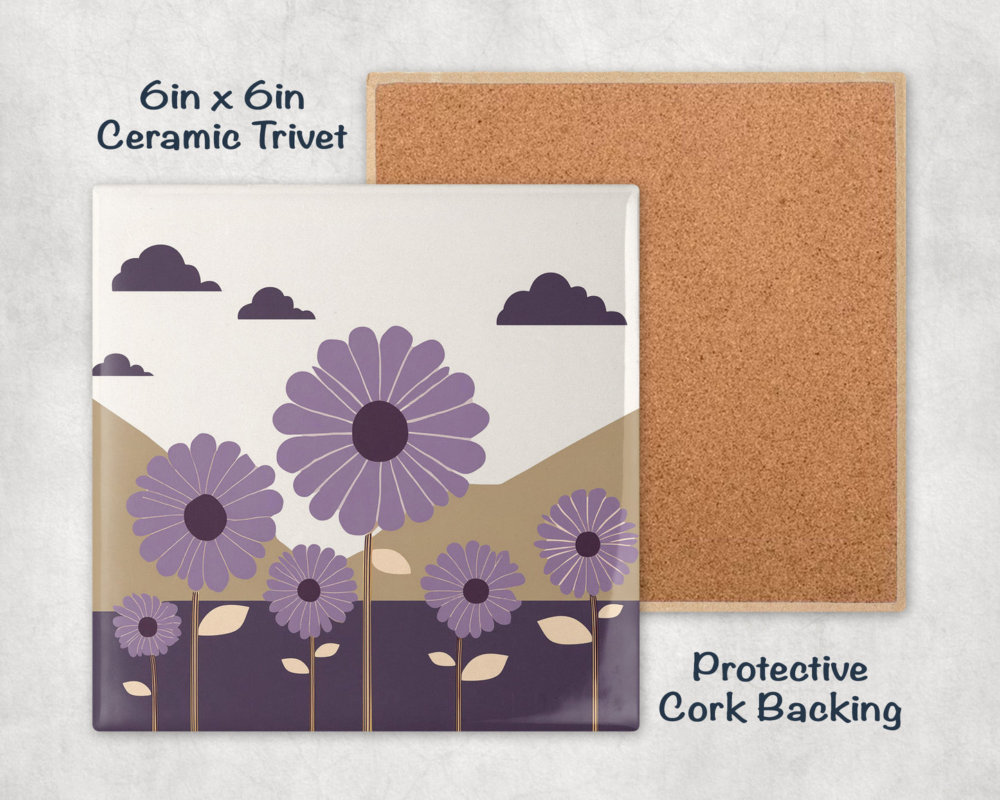 Retro Vintage Purple Floral Pattern Tile Trivet for Hot Dishes. Hot Plate Coaster Tile Art. Purple. Flower Design.