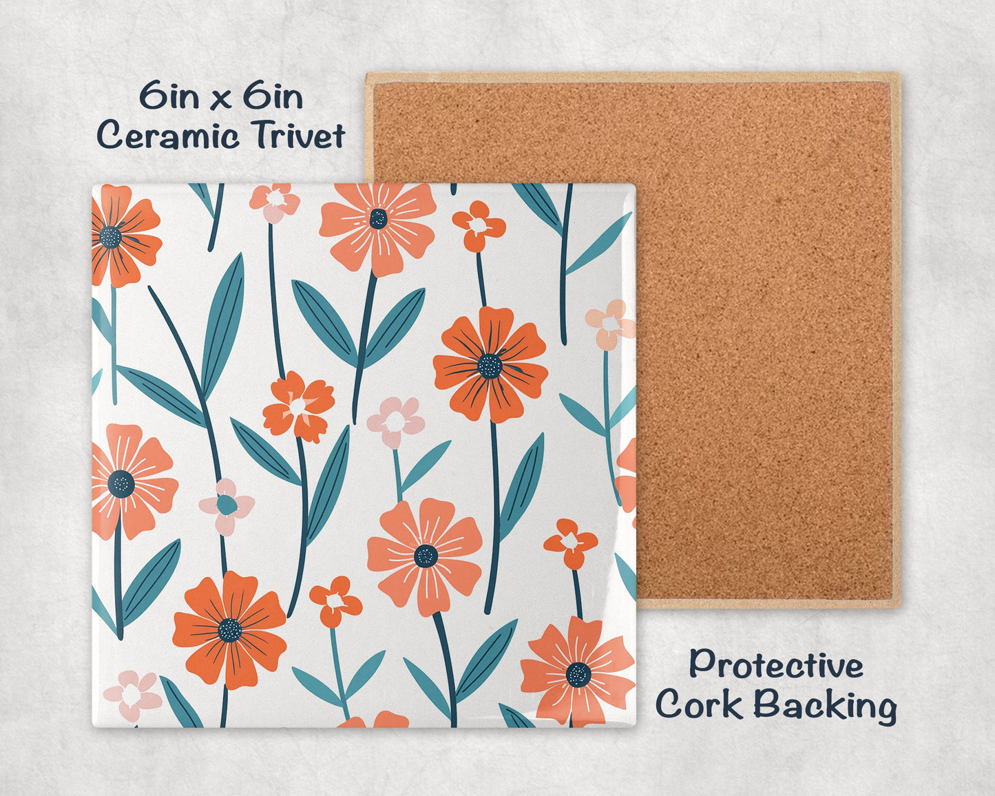 Retro Vintage Coral Floral Pattern Tile Trivet for Hot Dishes. Hot Plate Coaster Tile Art. Coral Design. Flower Design.