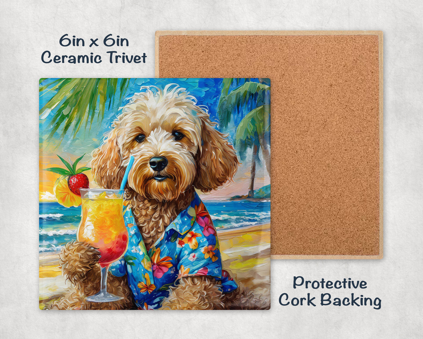 Beach Theme Goldendoodle Trivet for Hot Dishes. Ceramic Tile Art Gift for Dog Lovers. Gift for Doodle Mom or Dad. Dog Artwork Tropical Theme