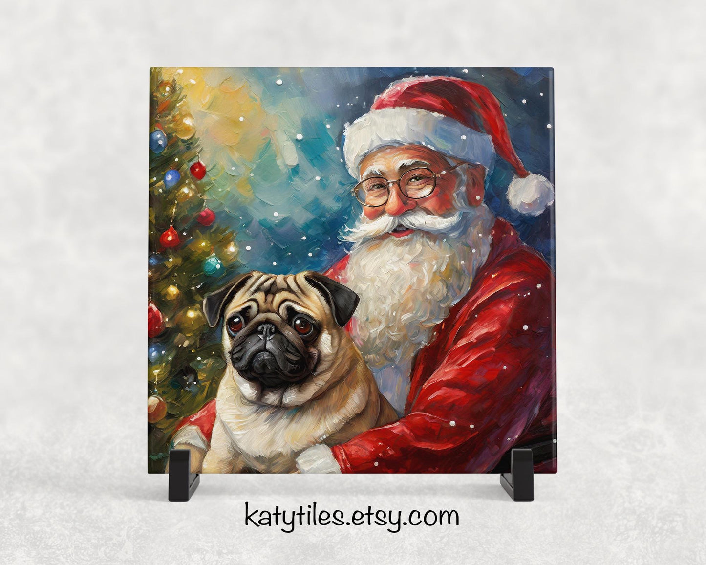Christmas Santa Pug Trivet for Hot Dishes, Hot Plate Coaster Tile Art, Custom Pot Holder, Gift for pug lover, pug decor, pug mom, pug dad