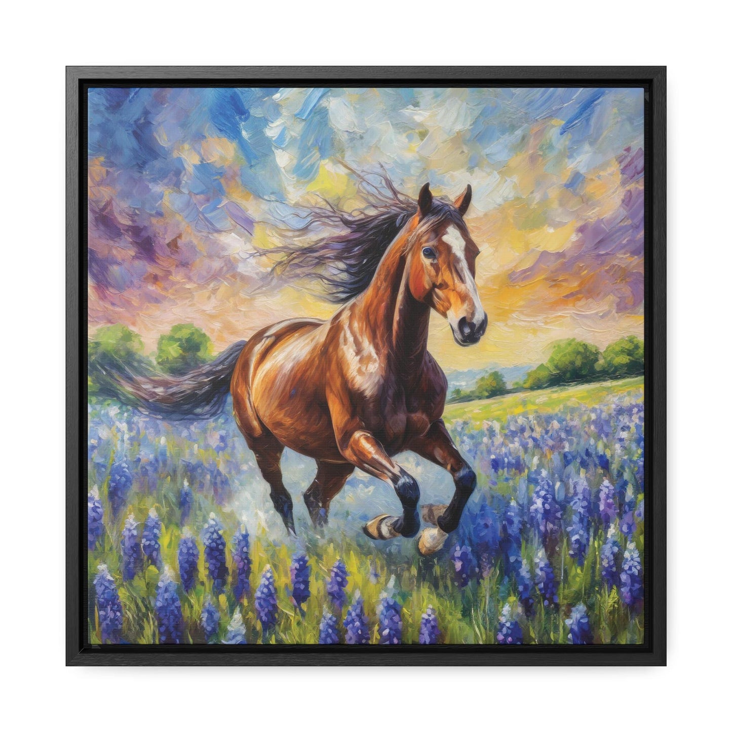 Bay Horse Bluebonnet Framed Canvas Print Wall Art - Gift For Horse Lover - Horse Decor