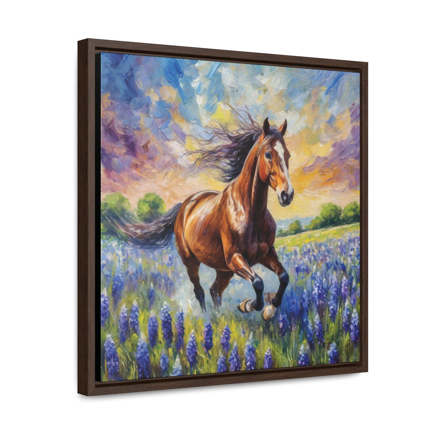 Bay Horse Bluebonnet Framed Canvas Print Wall Art - Gift For Horse Lover - Horse Decor