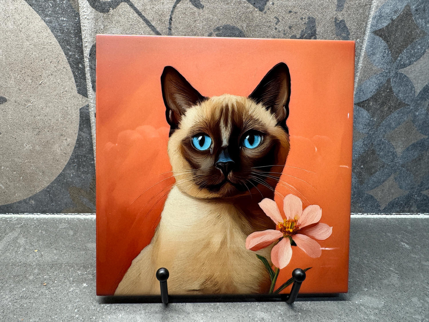 Siemese Cat Trivet for Hot Dishes, Hot Plate Coaster Tile Art, Custom Pot Holder, Gift for Siemese Cat Lovers, Cat Mom Gift, Red Flower Pic
