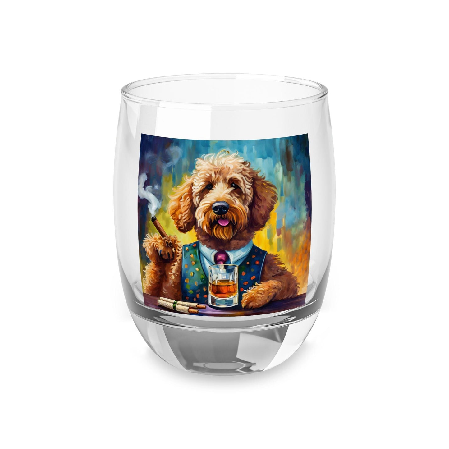 Goldendoodle Whiskey Glass - 6oz Glass - Funny Gift For Dog Lovers - Man Cave Decoration with a Goldendoodle Smoking a Cigar