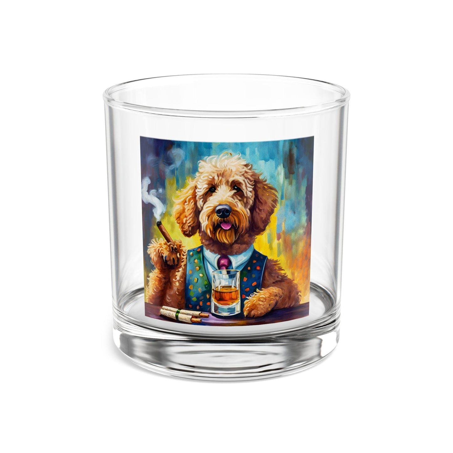 Goldendoodle Whiskey Glass - Rocks Glass - 10oz Glass - Funny Gift For Dog Lovers - Man Cave Decoration with a Goldendoodle Smoking a Cigar