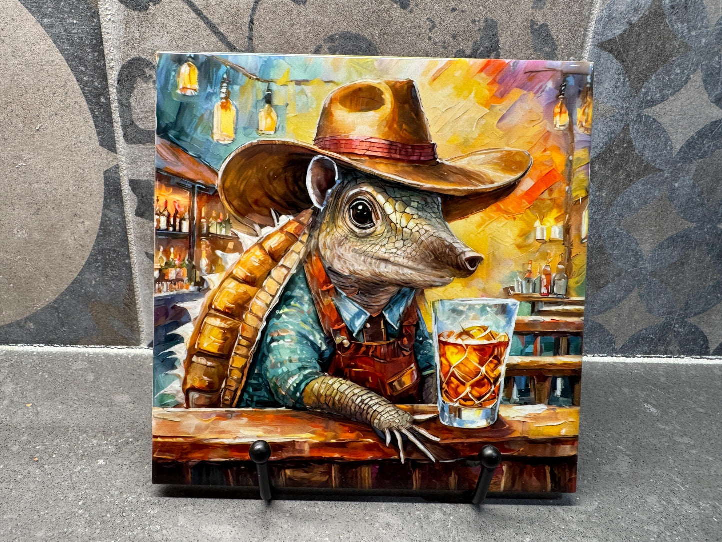 Cowboy Armadillo Trivet for Hot Dishes, Hot Plate Coaster Tile Art, Custom Pot Holder, Gift for Armadillo Lovers, Western Art, Texas Decor
