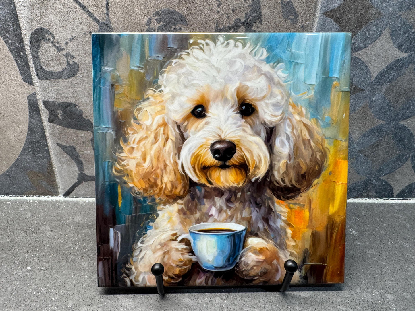5 Designs! Goldendoodle Drinking Coffee Ceramic Tile Trivet For Hot Dishes/Coaster – 6x6 Handmade Kitchen Decor, Gift for Dog Lovers