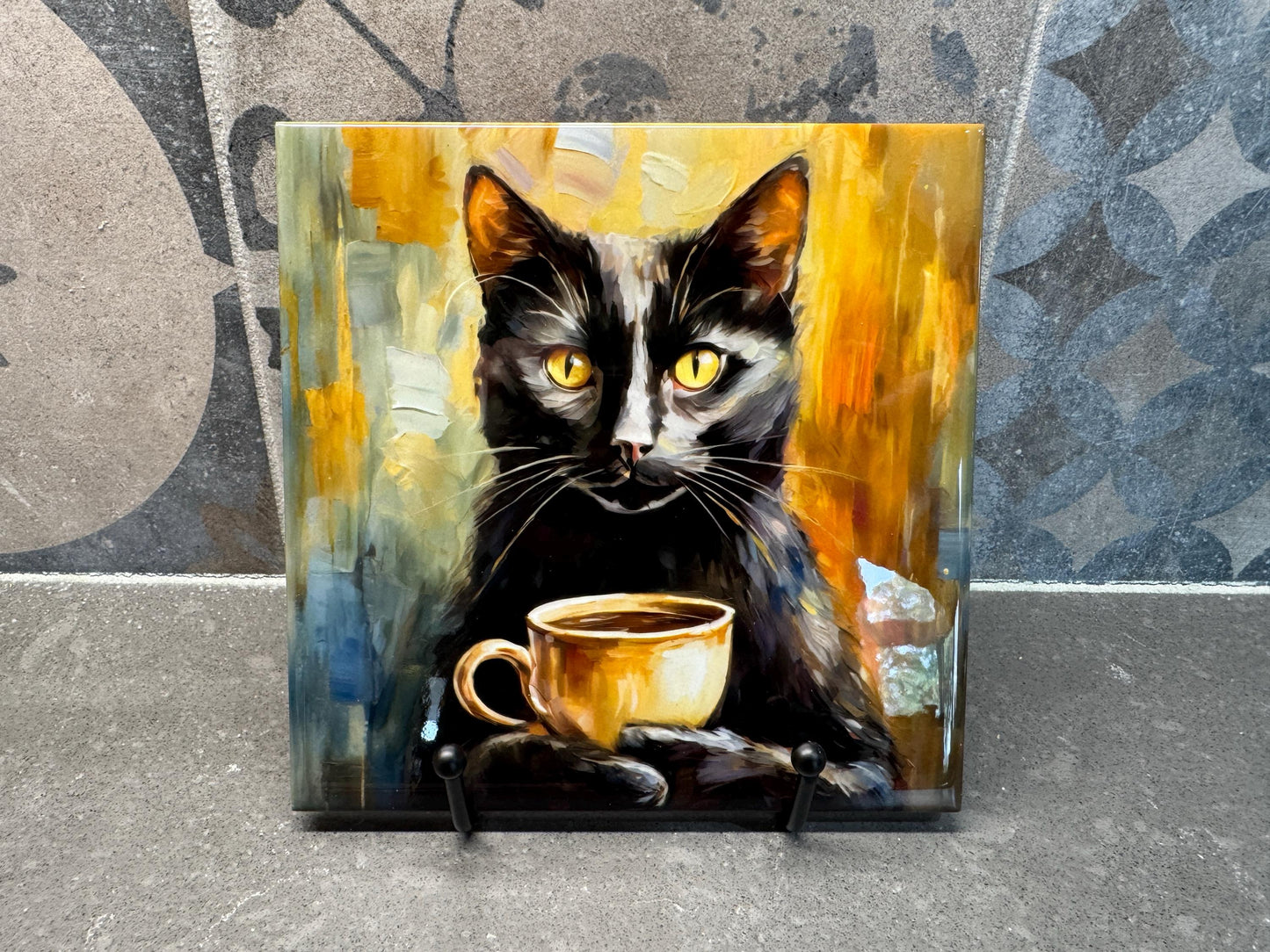 Black Cat Drinking Coffee Ceramic Tile Trivet For Hot Dishes/Coaster – 6x6 Handmade Kitchen Decor, Gift for Cat Lovers, Made in USA