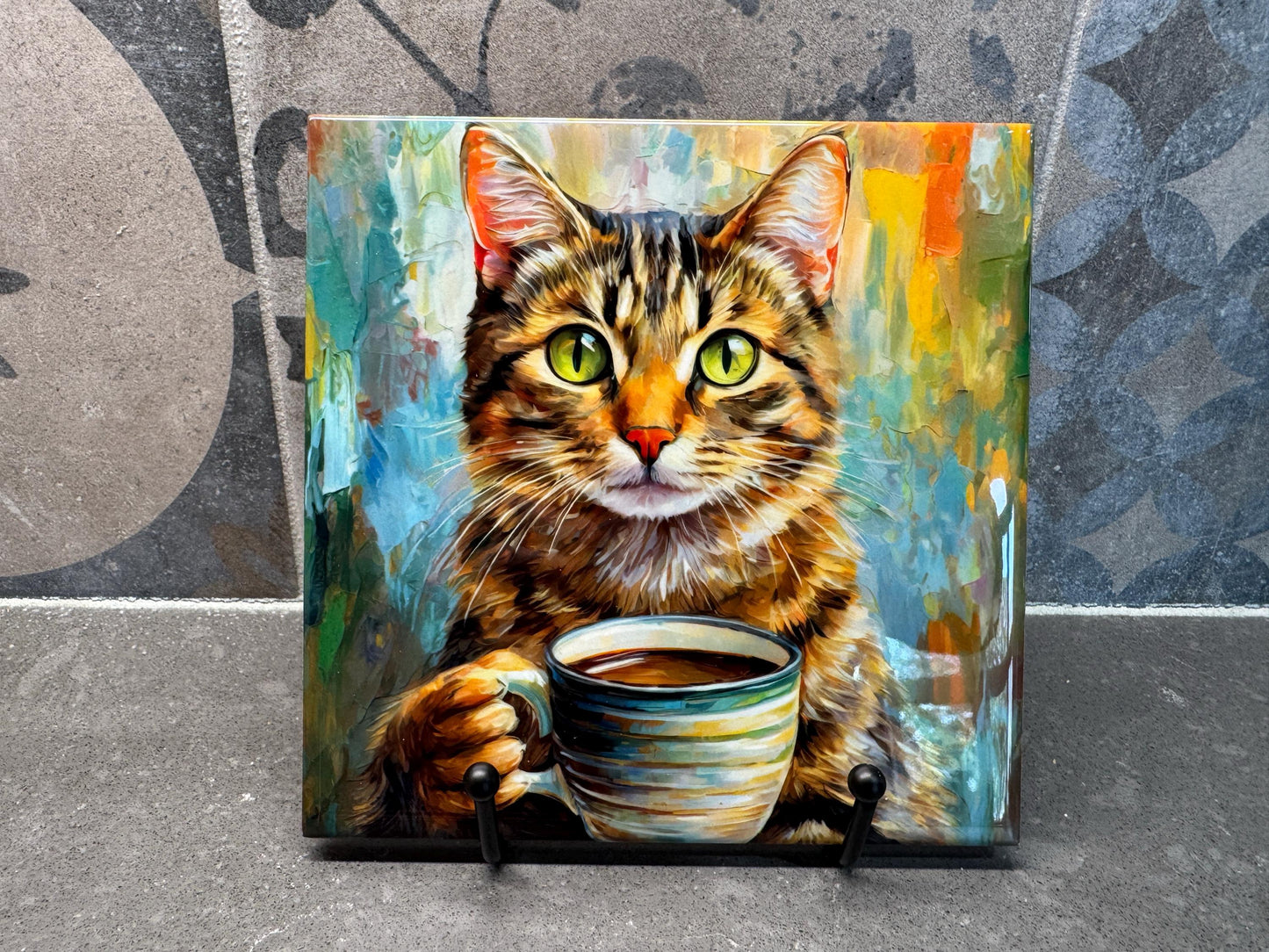 Tabby Cat Drinking Coffee Ceramic Tile Trivet For Hot Dishes/Coaster – 6x6 Handmade Kitchen Decor, Gift for Cat Lovers, Made in USA