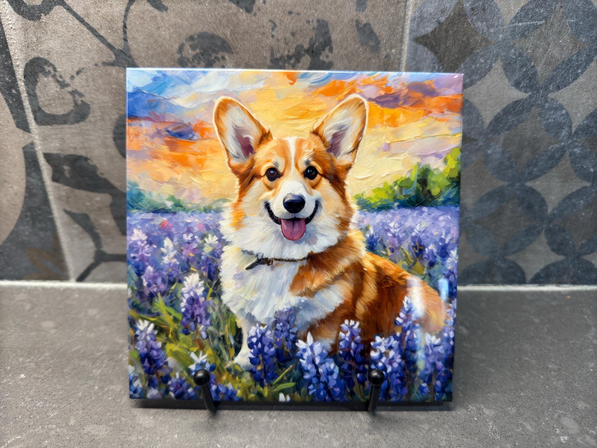 Corgi in Bluebonnets Ceramic Tile Trivet For Hot Dishes/Coaster – 6x6 Handmade Kitchen Decor, Gift for Dog Lovers, Made in USA
