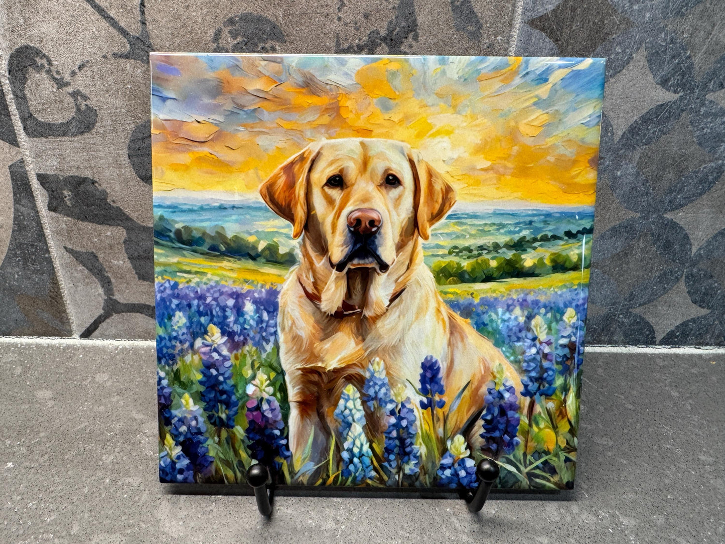 Yellow Labrador Retriever in Bluebonnets Ceramic Tile Trivet For Hot Dishes/Coaster – 6x6 Handmade Kitchen Decor, Gift for Dog Lovers