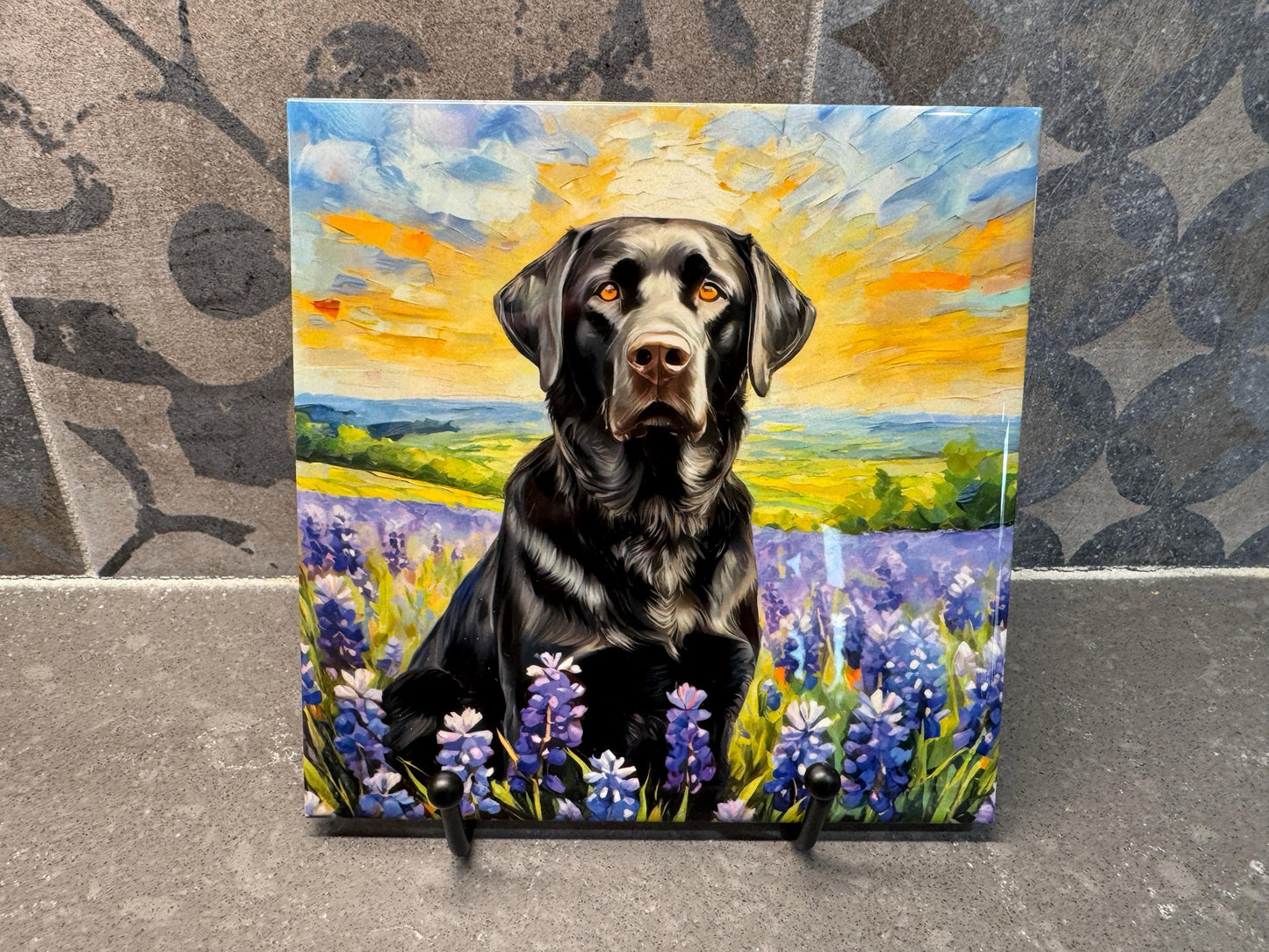 Black Labrador Retriever in Bluebonnets Ceramic Tile Trivet For Hot Dishes/Coaster – 6x6 Handmade Kitchen Decor, Gift for Dog Lovers