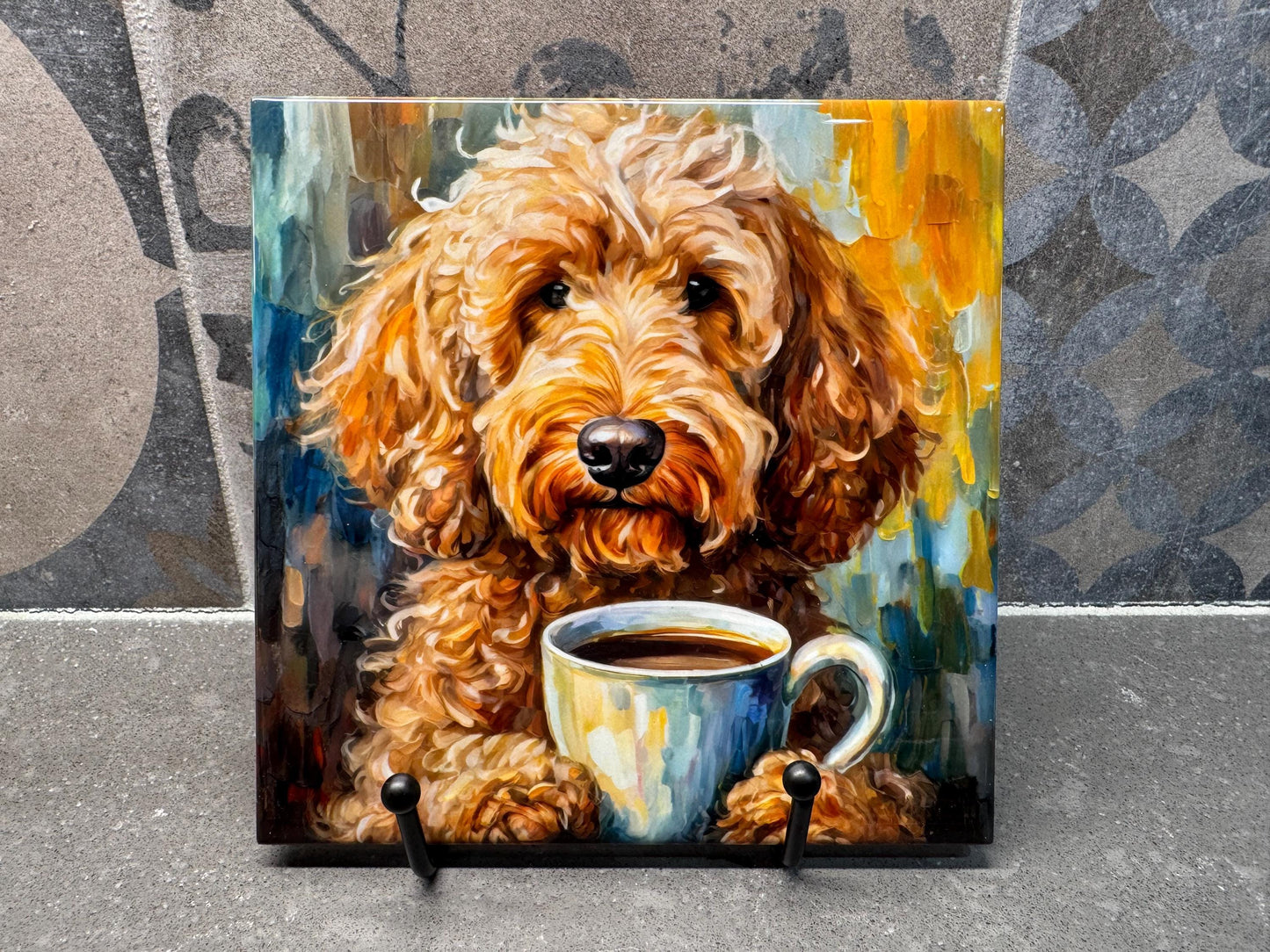 5 Designs! Goldendoodle Drinking Coffee Ceramic Tile Trivet For Hot Dishes/Coaster – 6x6 Handmade Kitchen Decor, Gift for Dog Lovers
