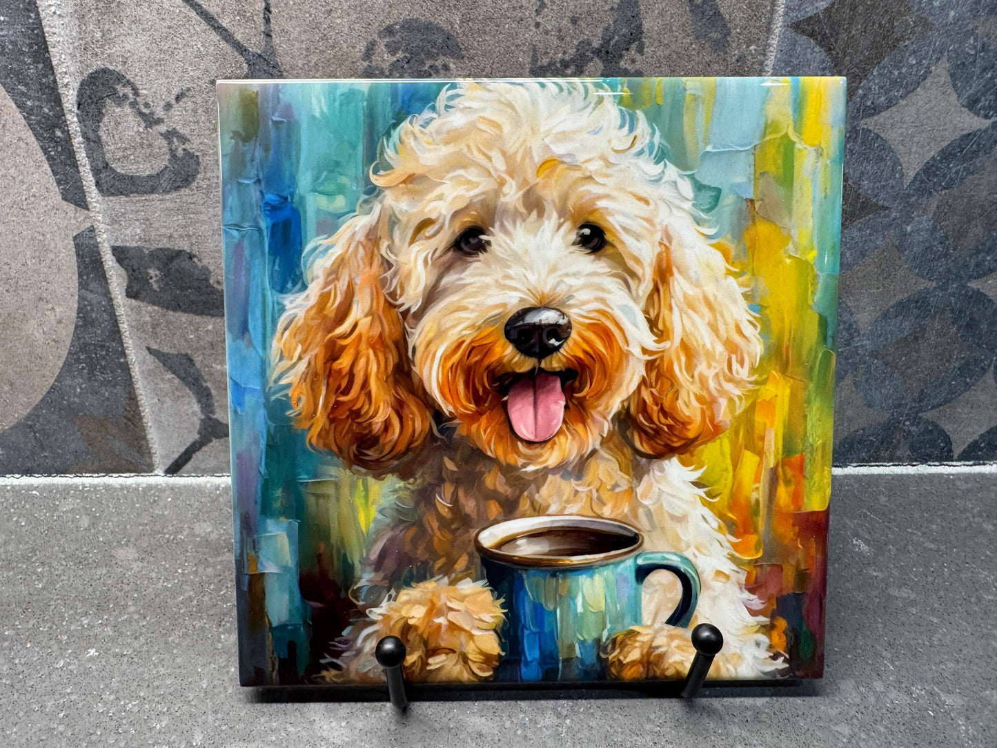 5 Designs! Goldendoodle Drinking Coffee Ceramic Tile Trivet For Hot Dishes/Coaster – 6x6 Handmade Kitchen Decor, Gift for Dog Lovers