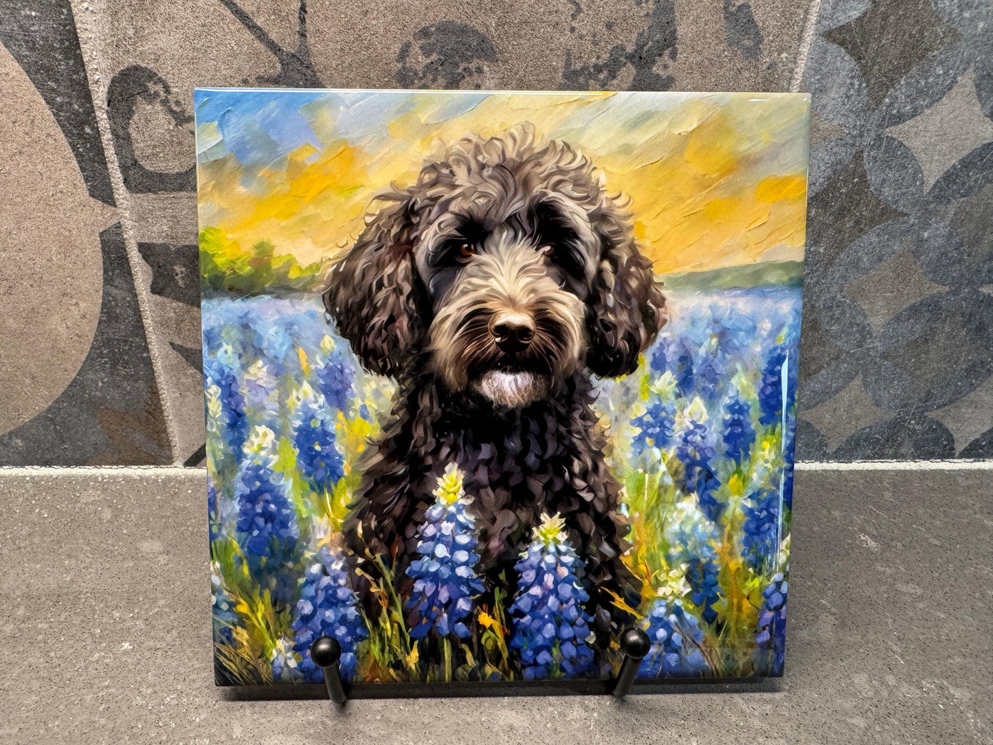 Black Doodle in Bluebonnets Ceramic Tile Trivet For Hot Dishes/Coaster – 6x6 Handmade Kitchen Decor, Gift for Dog Lovers, Made in USA