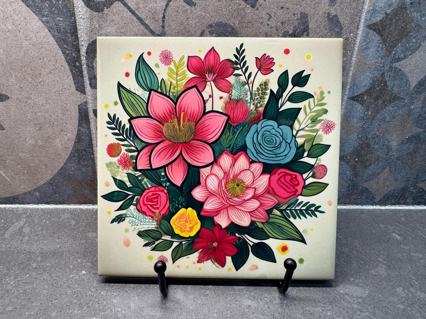 SIX DESIGNS! Colorful Floral Ceramic Tile Trivet/Coaster – 6x6 Handmade Mother’s Day Kitchen Decor, Gift for Flower Lovers, Made in USA