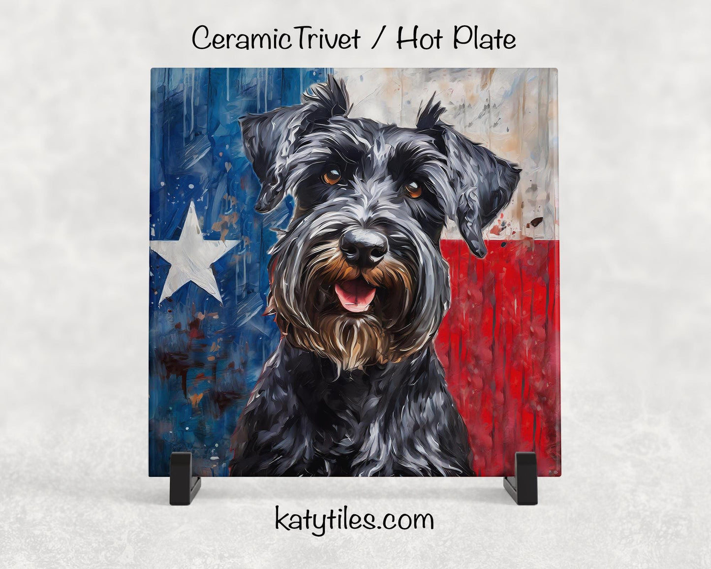 Two Fur Colors! Schnauzer with Texas Flag Ceramic Tile Trivet/Coaster– 6x6 Handmade Texas Dog Decor, Gift for Schnauzer Lovers, Made in USA