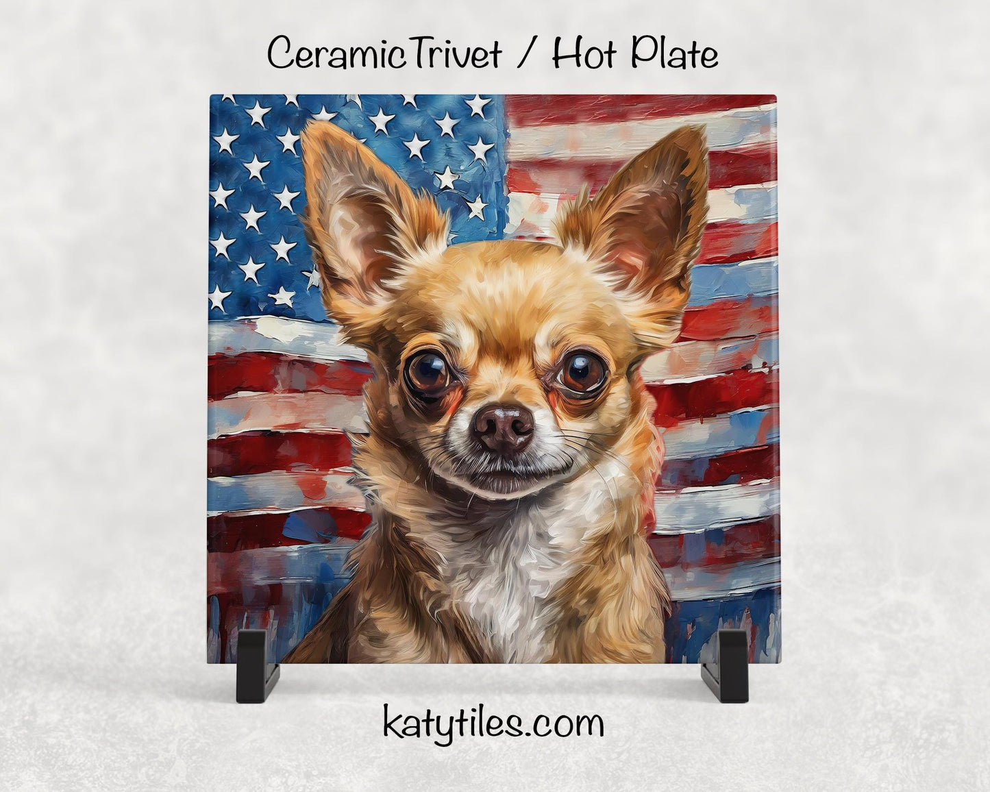 Two Fur Designs! Chihuahua Retriever with American Flag Ceramic Tile Trivet/Coaster–6x6 Handmade Patriotic Dog Decor, Gift for Dog Lovers