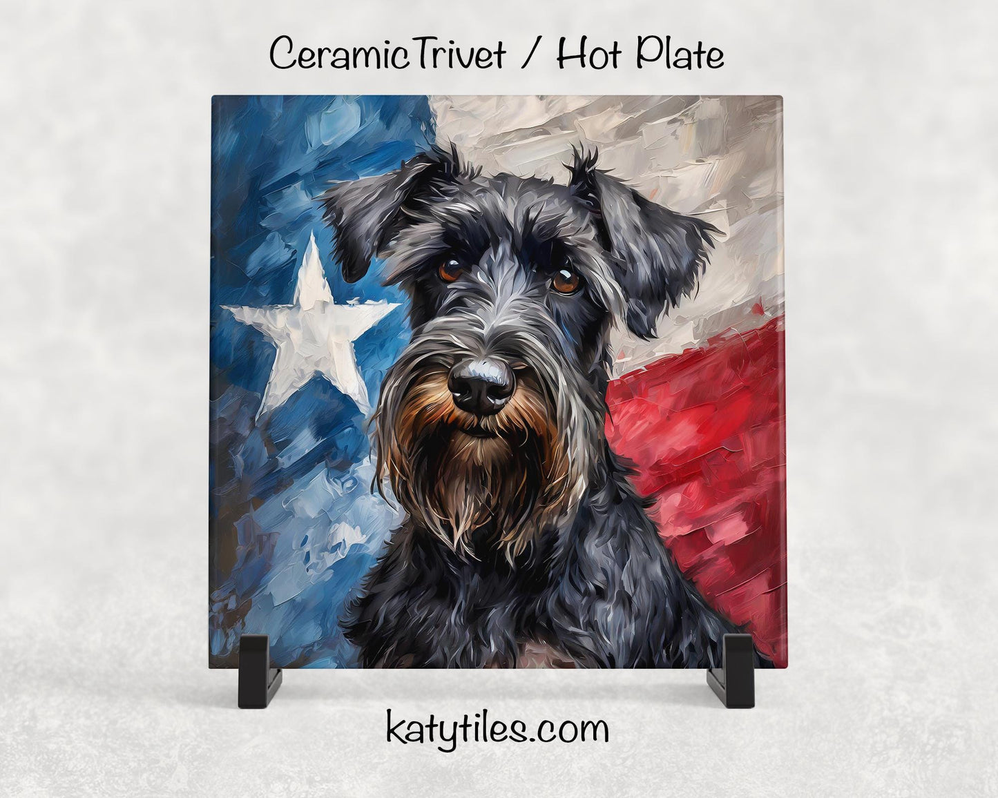 Two Fur Colors! Schnauzer with Texas Flag Ceramic Tile Trivet/Coaster– 6x6 Handmade Texas Dog Decor, Gift for Schnauzer Lovers, Made in USA