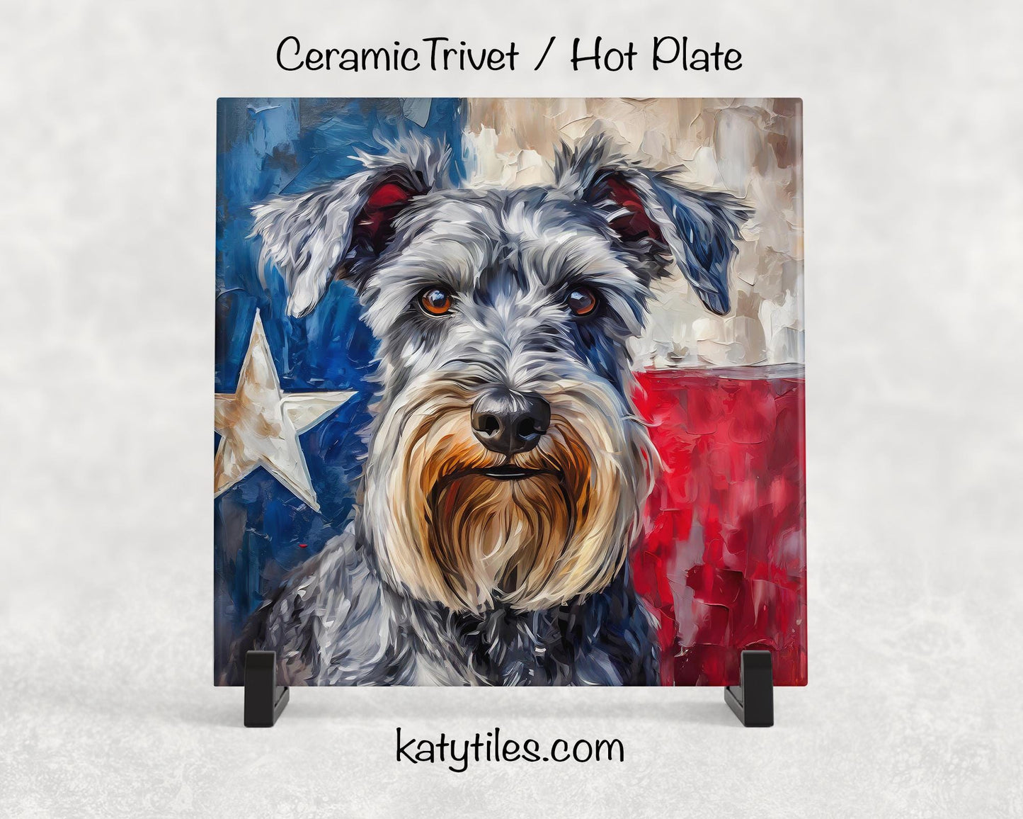 Two Fur Colors! Schnauzer with Texas Flag Ceramic Tile Trivet/Coaster– 6x6 Handmade Texas Dog Decor, Gift for Schnauzer Lovers, Made in USA