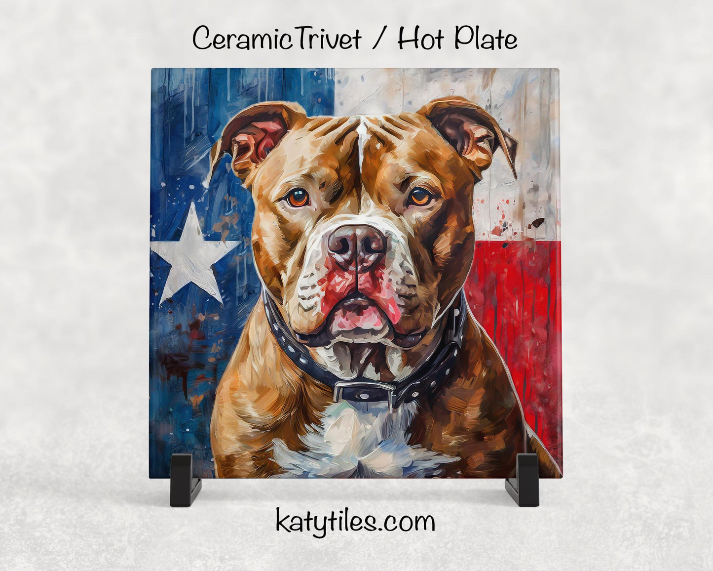 Three Fur Colors! Pit Bull with Texas Flag Ceramic Tile Trivet/Coaster– 6x6 Handmade Texas Dog Decor, Gift for Pitty Lovers, Made in Texas