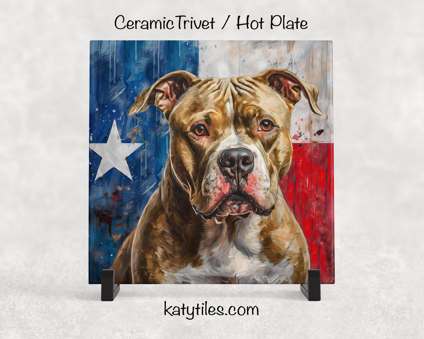 Three Fur Colors! Pit Bull with Texas Flag Ceramic Tile Trivet/Coaster– 6x6 Handmade Texas Dog Decor, Gift for Pitty Lovers, Made in Texas