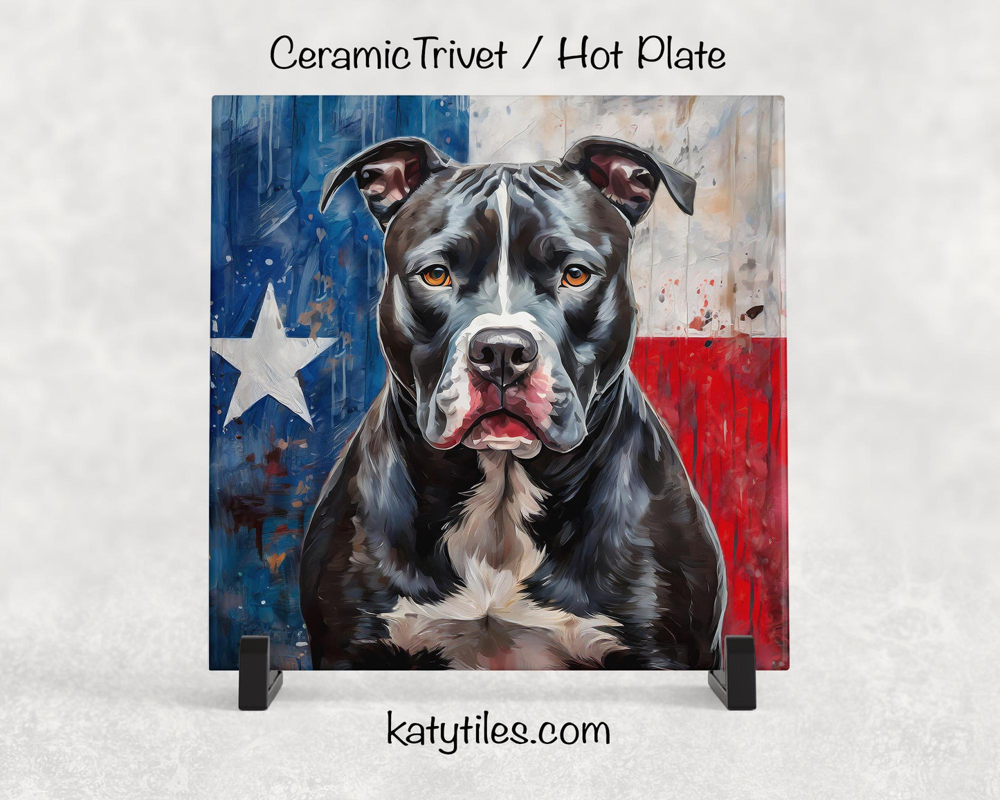 Three Fur Colors! Pit Bull with Texas Flag Ceramic Tile Trivet/Coaster– 6x6 Handmade Texas Dog Decor, Gift for Pitty Lovers, Made in Texas