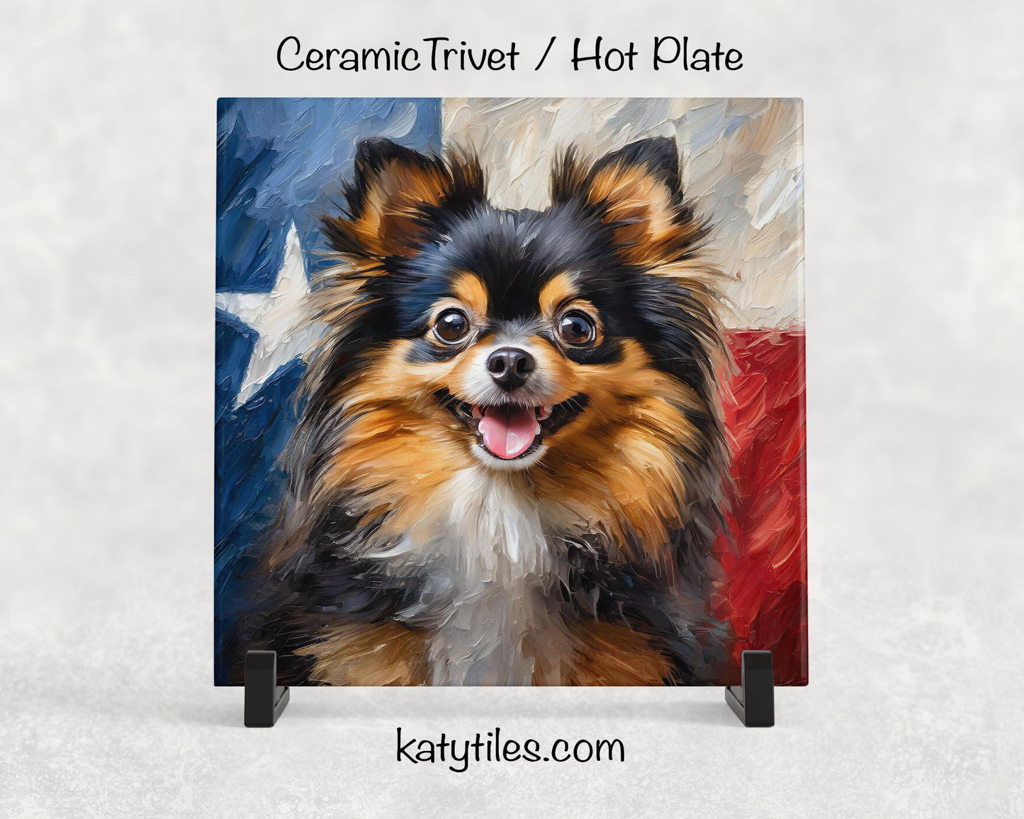 Pomeranian with Texas Flag Ceramic Tile Trivet/Coaster– 6x6 Handmade Texas Dog Decor, Gift for Pomeranian Lovers, Made in Texas