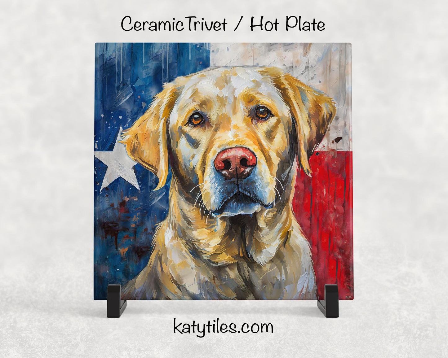 Three Fur Colors! Labrador Retriever with Texas Flag Ceramic Tile Trivet/Coaster– 6x6 Handmade Texas Lab Decor, Gift for Lovers, Made in USA