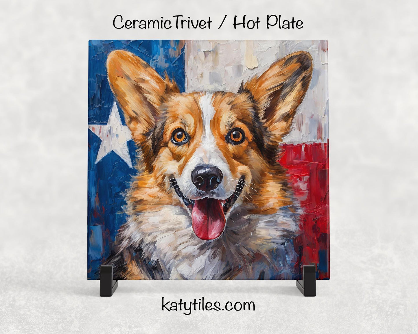 Two Fur Colors! Corgi with Texas Flag Ceramic Tile Trivet/Coaster– 6x6 Handmade Texas Dog Decor, Gift for Corgi Lovers, Made in USA