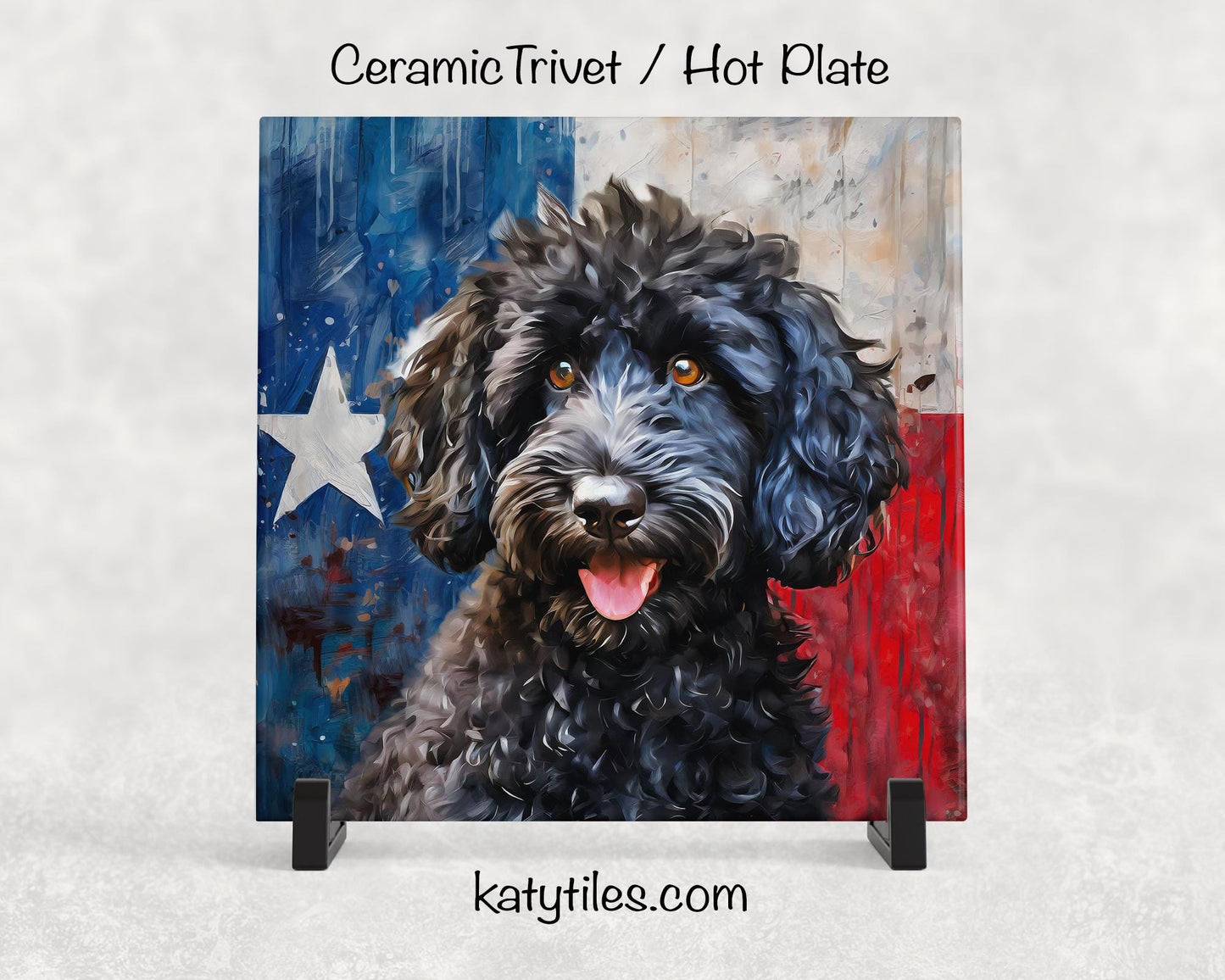 Four Fur Colors! Doodle with Texas Flag Ceramic Tile Trivet/Coaster– 6x6 Handmade Texas Dog Decor, Gift for Doddle Lovers, Made in Texas