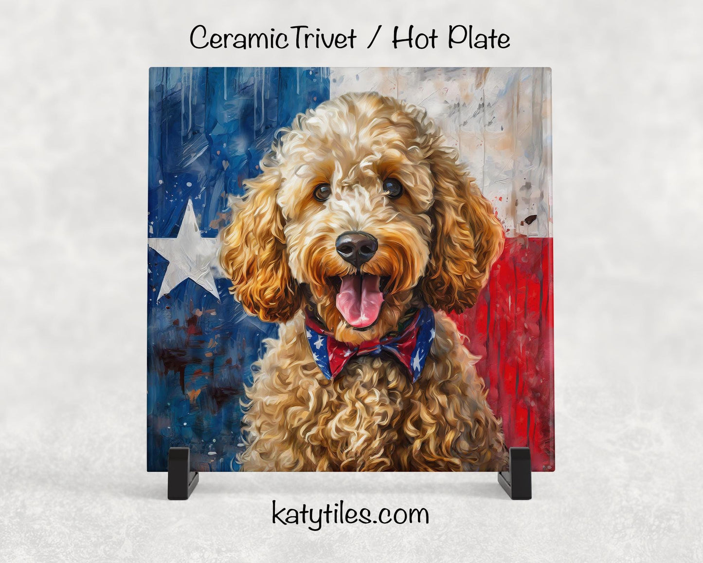 Four Fur Colors! Doodle with Texas Flag Ceramic Tile Trivet/Coaster– 6x6 Handmade Texas Dog Decor, Gift for Doddle Lovers, Made in Texas