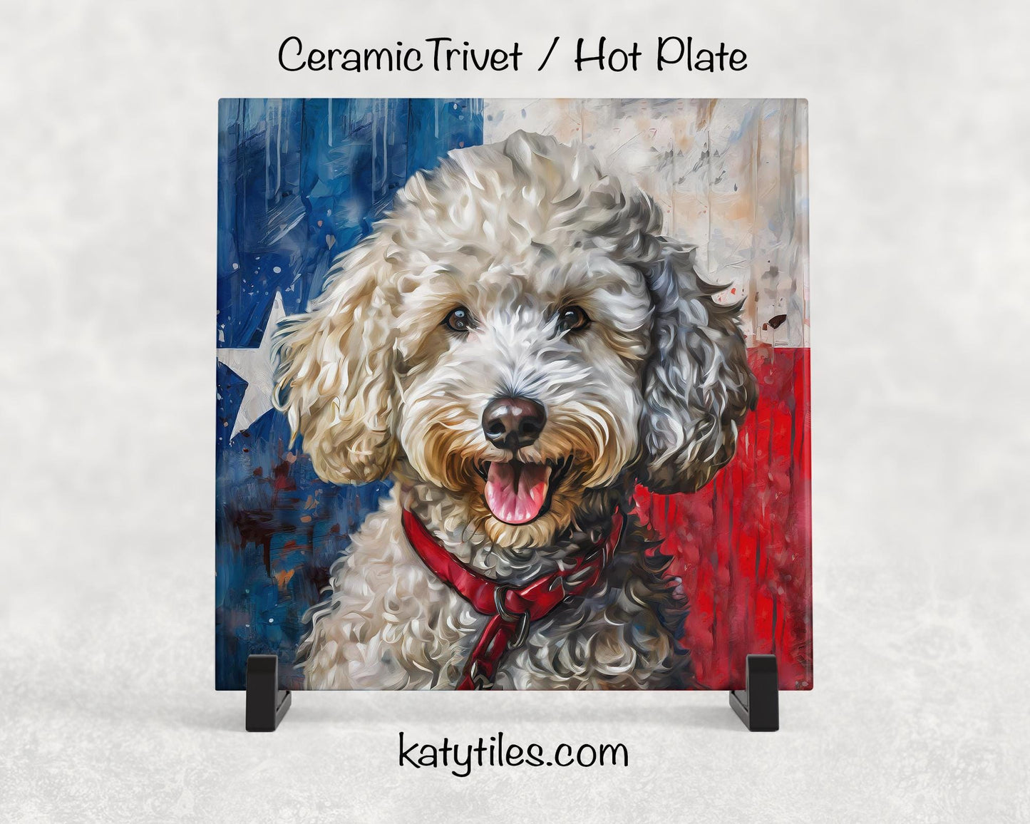 Four Fur Colors! Doodle with Texas Flag Ceramic Tile Trivet/Coaster– 6x6 Handmade Texas Dog Decor, Gift for Doddle Lovers, Made in Texas