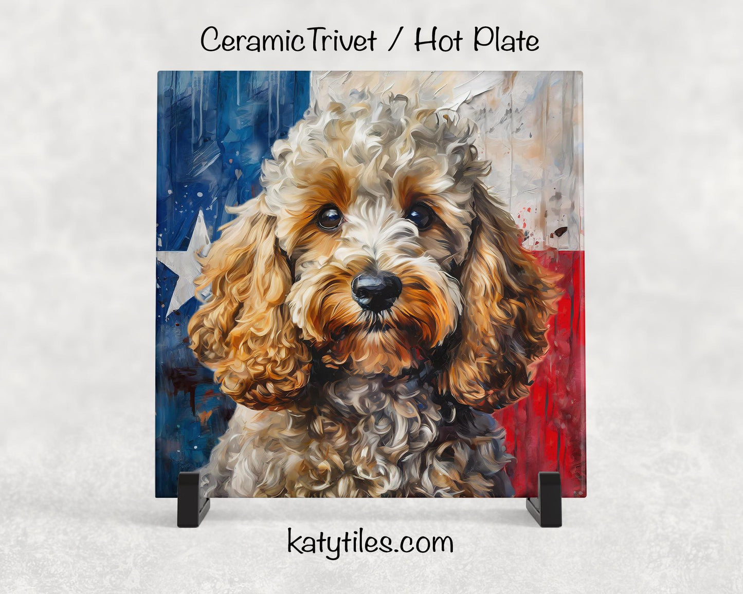 Four Fur Colors! Doodle with Texas Flag Ceramic Tile Trivet/Coaster– 6x6 Handmade Texas Dog Decor, Gift for Doddle Lovers, Made in Texas