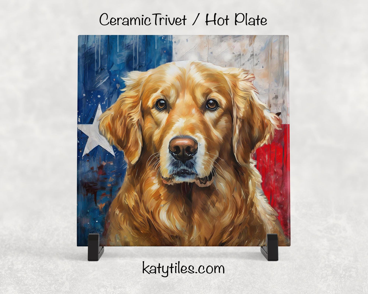 Two Designs! Golden Retriever with Texas Flag Ceramic Tile Trivet/Coaster– 6x6 Handmade Texas Dog Decor, Gift for Golden Retriever Lovers, M