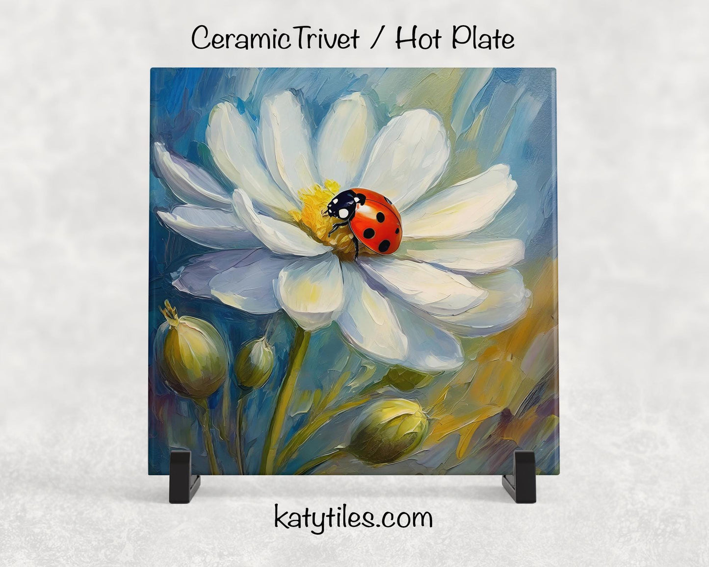 Ladybug on White Flower Ceramic Tile Trivet/Coaster – 6x6 Handmade Floral Kitchen Decor, Garden Lover Gift, Made in USA