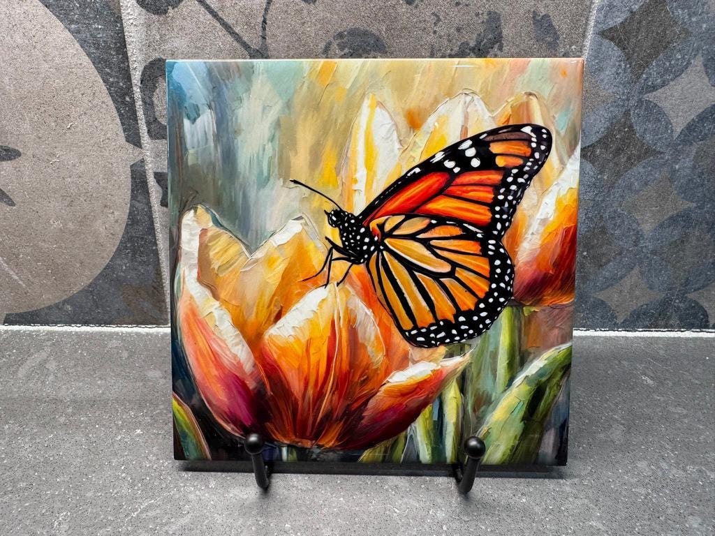 Monarch Butterfly on Tulip Ceramic Tile Trivet/Coaster – 6x6 Handmade Floral Kitchen Decor, Garden Lover Gift, Made in USA