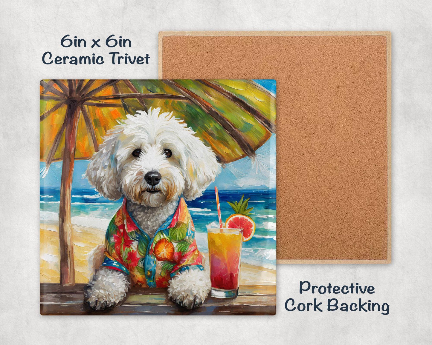 White Doodle Drinking a Cocktail on the Beach Ceramic Tile Trivet/Coaster – 6x6 Handmade Tropical Dog Decor, Made in USA