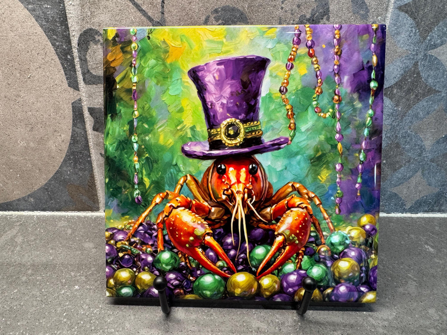 Mardi Craw Crawfish in Costume Ceramic Tile Trivet/Coaster – 6x6 Handmade Mardi Gras Kitchen Decor, Made in USA