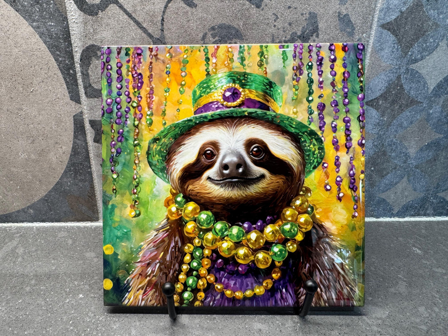 Mardi Gras Sloth Ceramic Tile Trivet/Coaster – 6x6 Handmade Carnival Kitchen Decor, Festive Gift, Made in USA