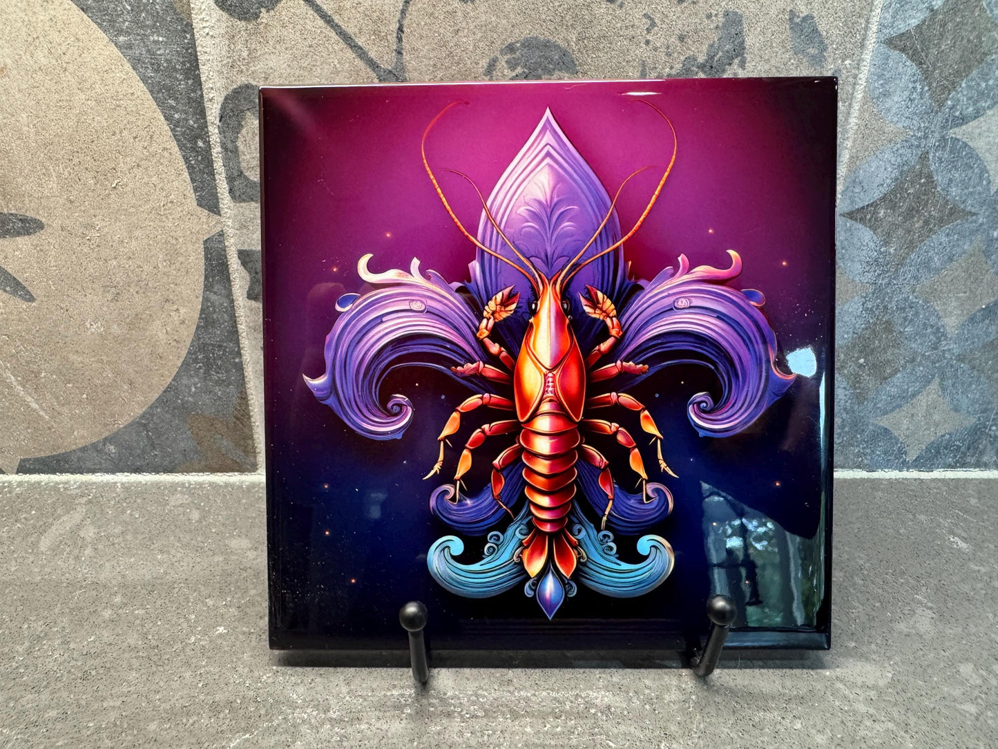 Fleur-de-Lis with Crawfish Ceramic Tile Trivet/Coaster – 6x6 Handmade Mardi Gras Kitchen Decor, Cajun Gift, Made in USA