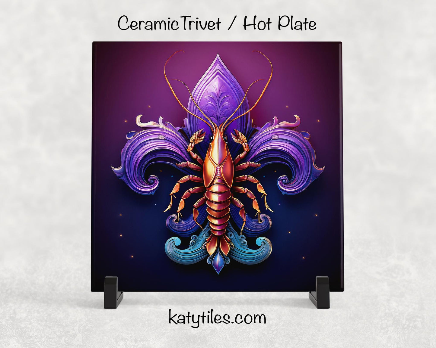 Fleur-de-Lis with Crawfish Ceramic Tile Trivet/Coaster – 6x6 Handmade Mardi Gras Kitchen Decor, Cajun Gift, Made in USA