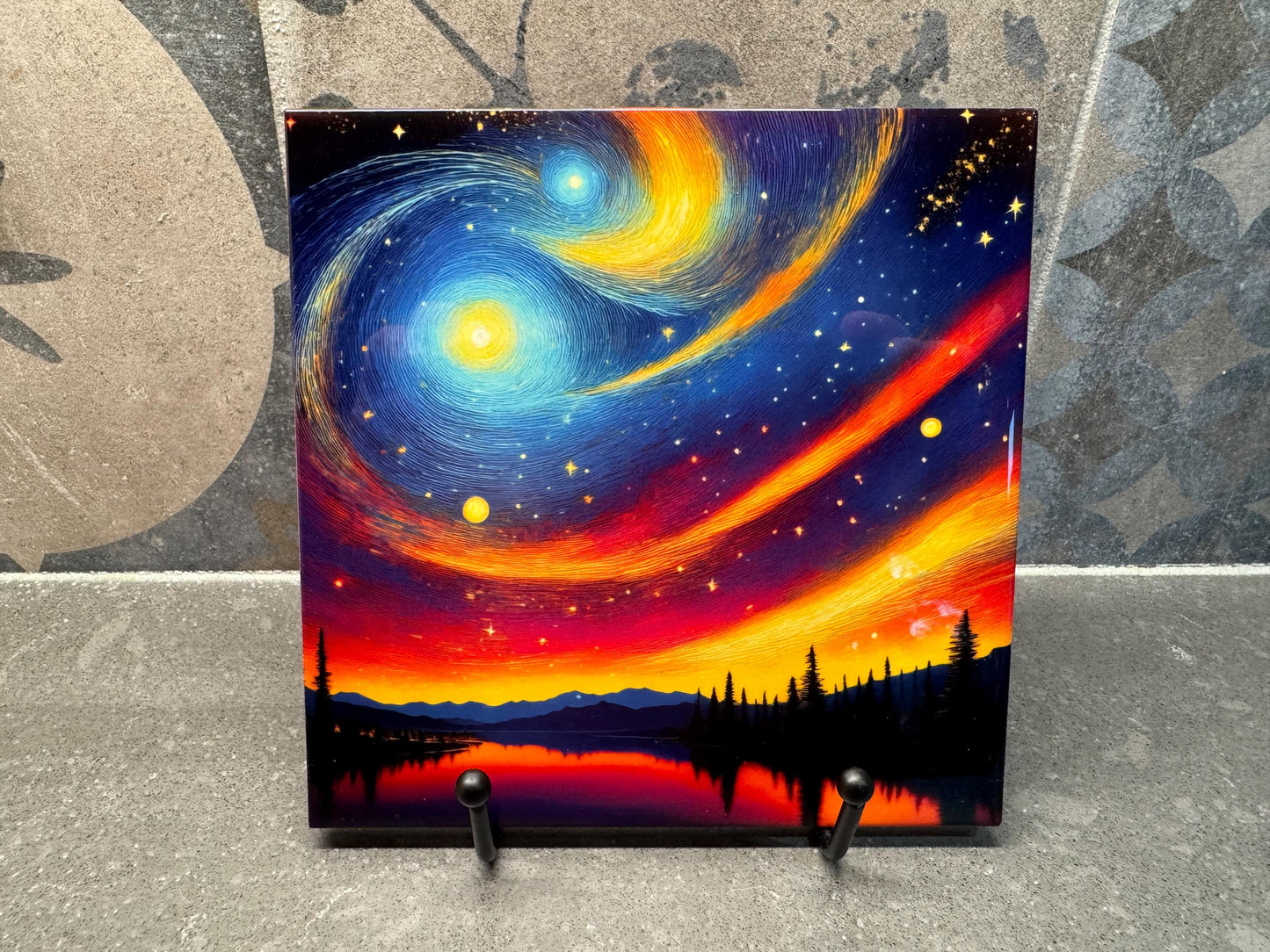 Starry Night–Inspired Ceramic Tile Trivet/Coaster – 6x6 Handmade Night Sky Kitchen Decor, Swirling Sky Art, Made in USA