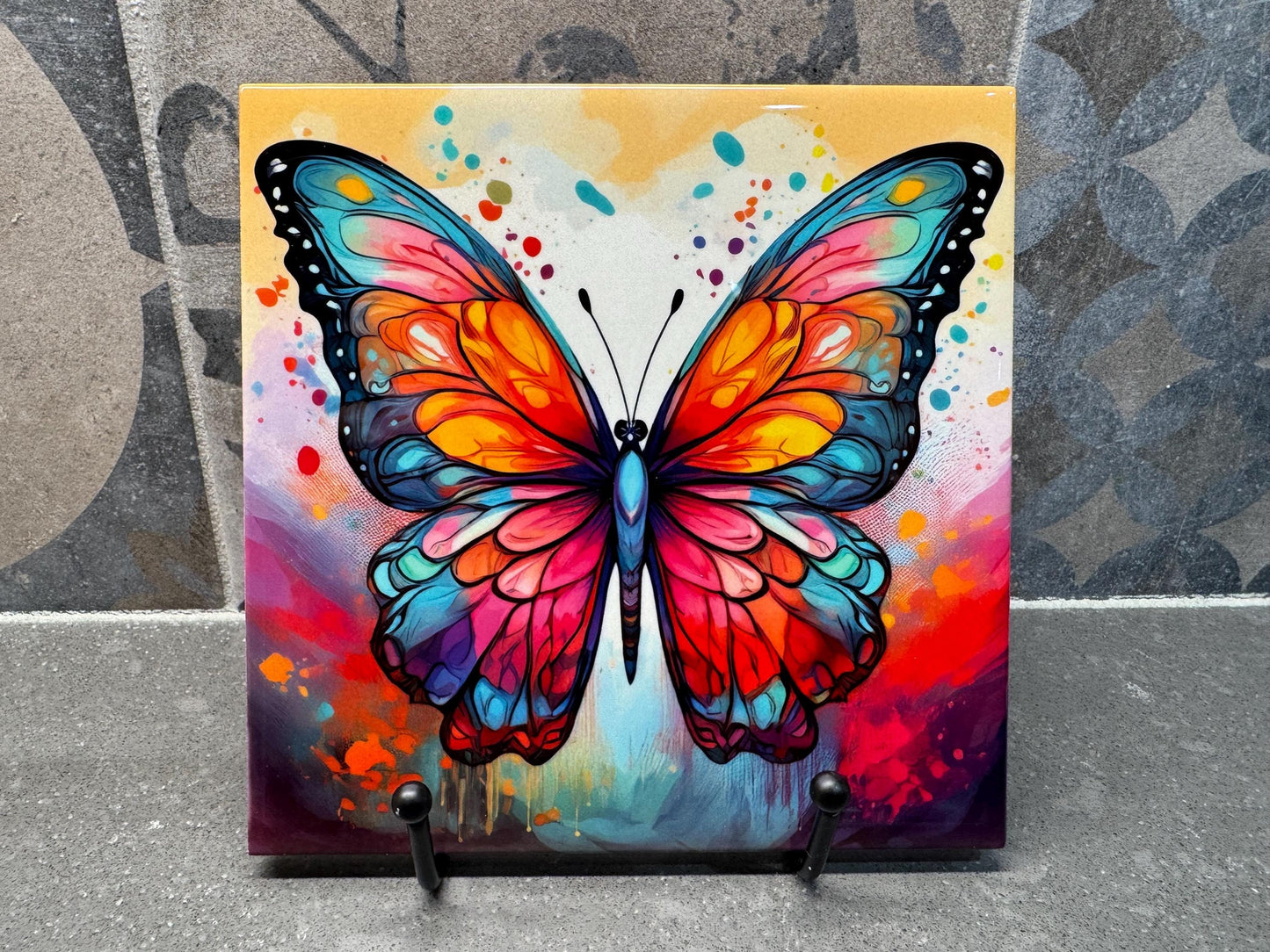 Bright Multicolored Butterfly Ceramic Tile Trivet/Coaster – 6x6 Handmade Nature Kitchen Decor, Vibrant Insect Art, Made in USA