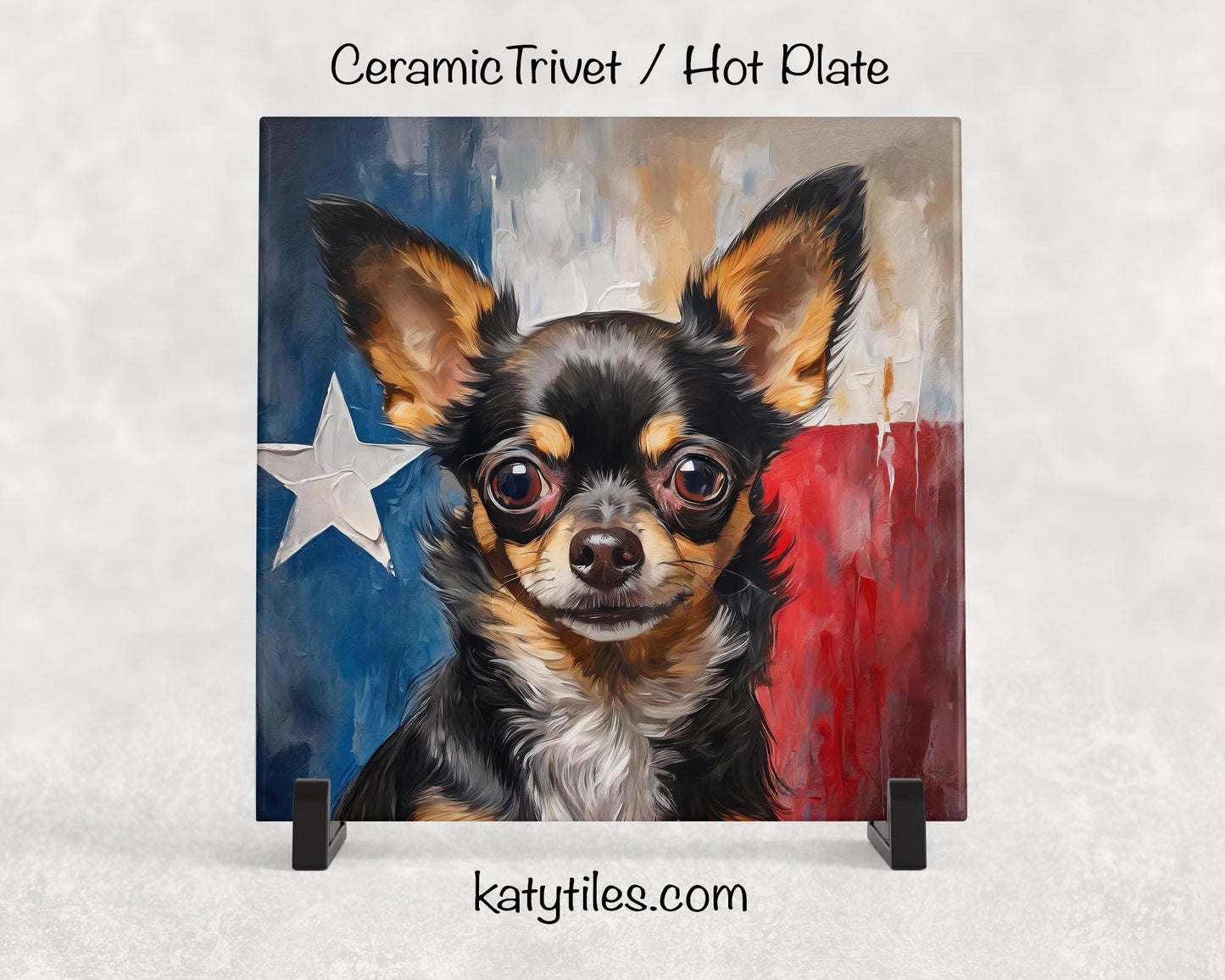 Two Fur Colors! Chihuahua with Texas Flag Ceramic Tile Trivet/Coaster– 6x6 Handmade Texas Dog Decor, Gift for Chihuahua Lovers, Made in USA